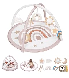 Baby Play Gym Mat Tummy Time Activity Mat with 7 Detachable Toys and 12 Milestone Cards for Stage-Based