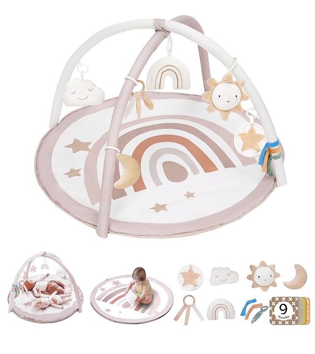 Baby Play Gym Mat Tummy Time Activity Mat with 7 Detachable Toys and 12 Milestone Cards for Stage-Based