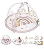Baby Play Gym Mat, Tummy Time Activity Mat with 7 Detachable Toys and 12 Milestone Cards for Stage-Based Sensory and Motor Skill Development, Washable Play Mats for Infant, Newborn Baby Essentials