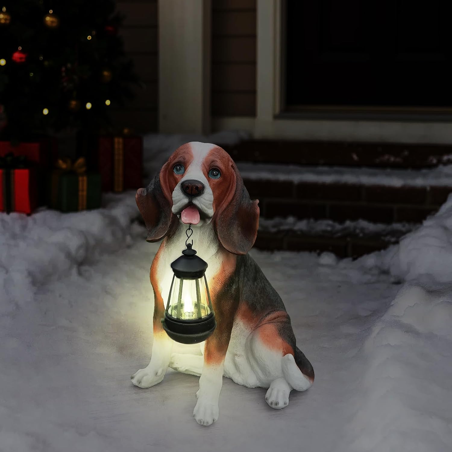 Beagle Dog Statue with Solar Light, 4-in-1 Outdoor Garden Decor, Interchangeable Welcome Sign & Detachable Lantern, LED Waterproof Sculpture for Yard Porch, Gift for Dog Lovers