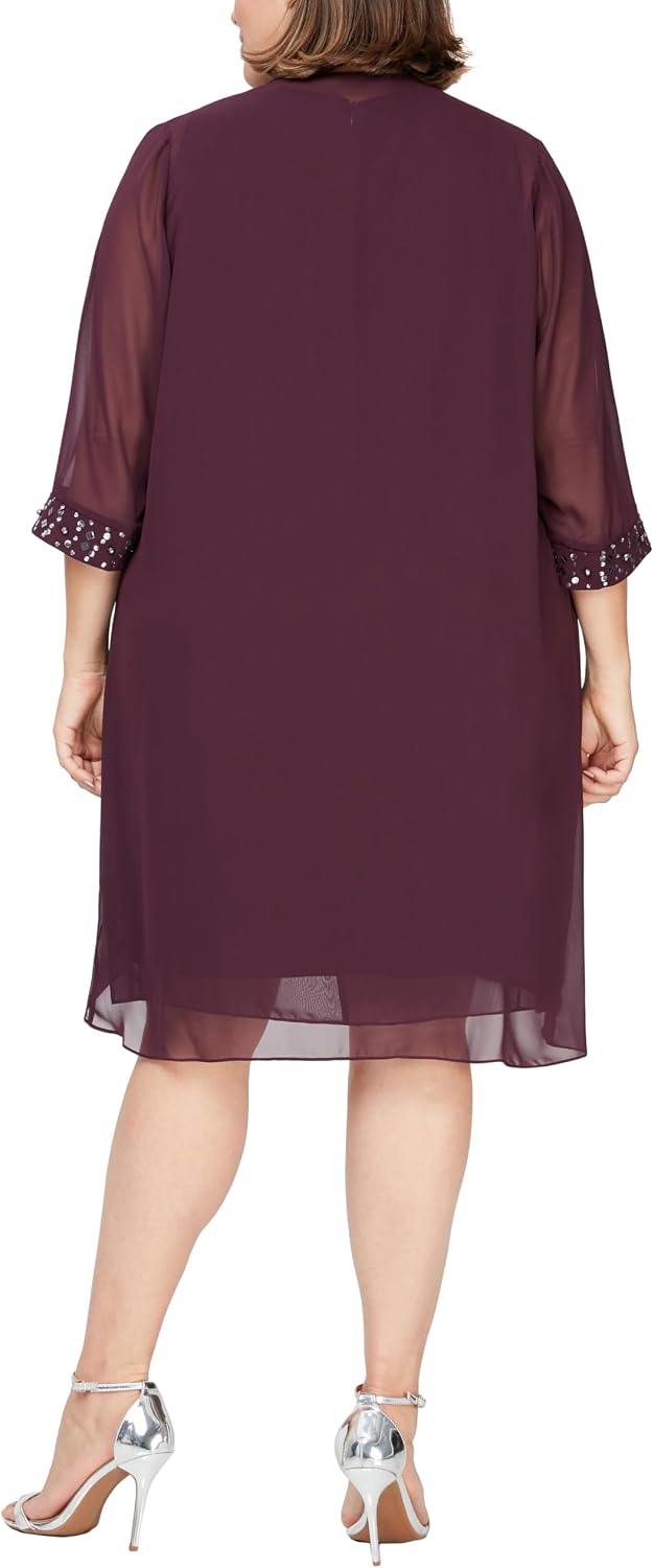 S.L. Fashions Women's Chiffon Mother of the Bride Jacket Dress with Beaded 3/4 Sleeves and Neckline (Plus Size)