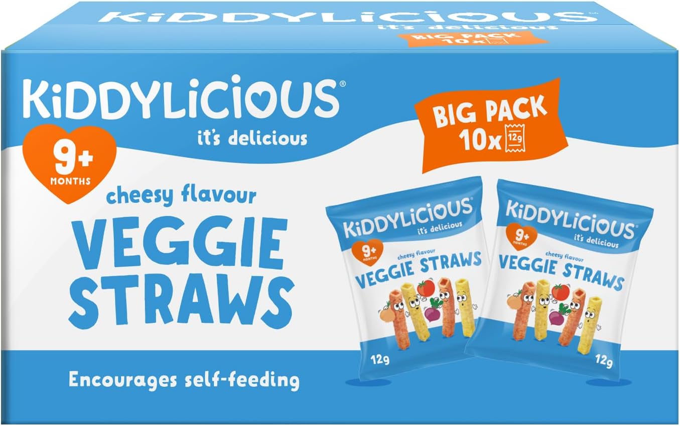 Kiddylicious Cheesy Veggie Straws - Delicious Finger Food Kids Snack - Gluten Free - Suitable for 9+ Months - 10 Packs (10x12gm)
