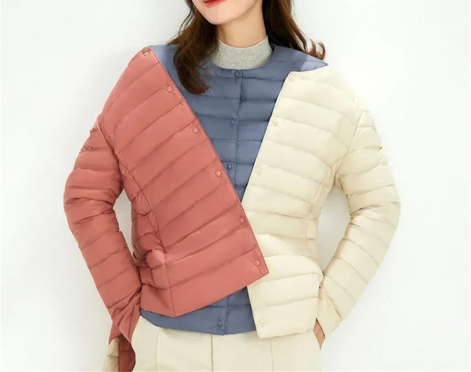 Piumino da donna in piuma d'anatra O-Collo Variabile con scollo a V femminile Autunno Primavera Senza Colletto Piumino trapuntato leggero, Blu Grigio 9, L
