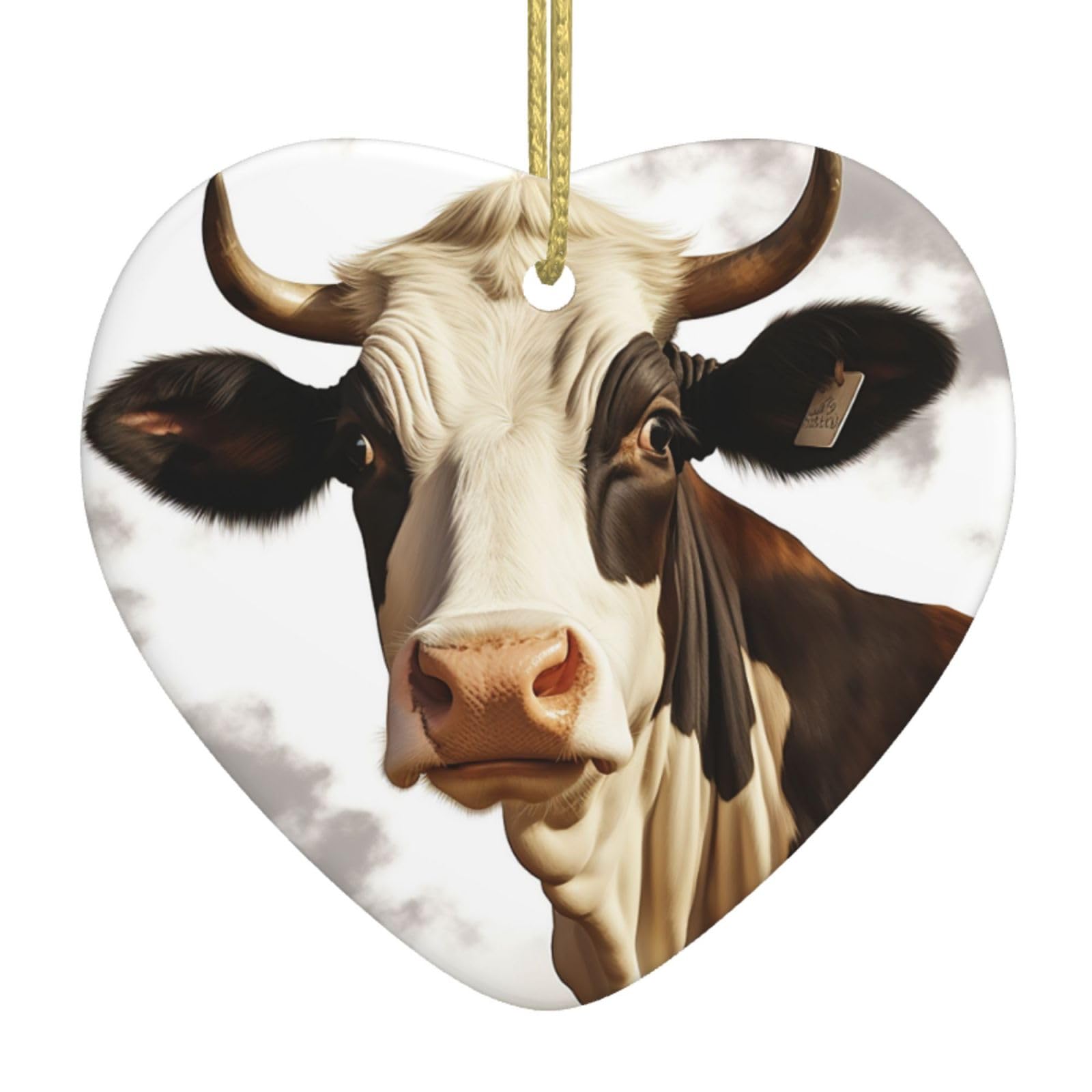 Ceramic Christmas Tree Hanging Ornaments with Gold Ropes Christmas Tree Decorations Heart Ceramic Farm Animal Cow Pendant Keepsake Decorations for Holiday Xmas Gift Ideas