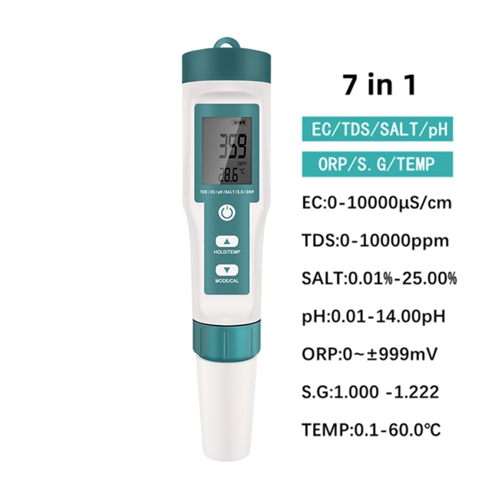Testeur de qualité de l'eau Testeur de qualité de l'eau 7 en 1 PH/TDS/EC/ORP/salinité/SG/température PH-mètre