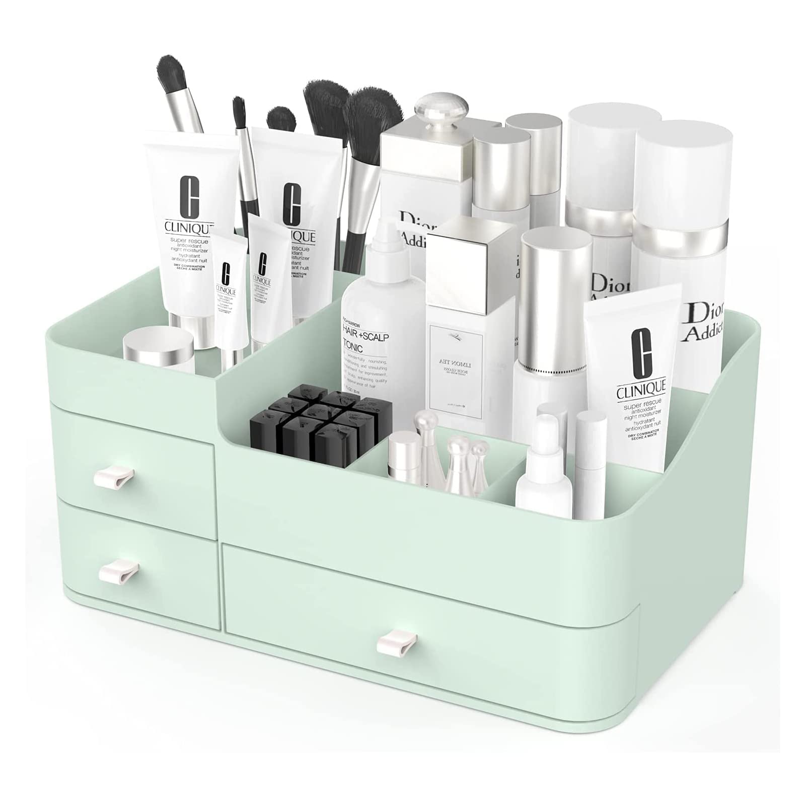 U-HOOMEMakeup Organizer for Vanity, Cosmetic Storage Box with Drawers Countertop Storage for Cosmetics Vanity Holder, Capacity Desk Organizer with Drawers Nail Polish for Bathroom Countertops (Green)