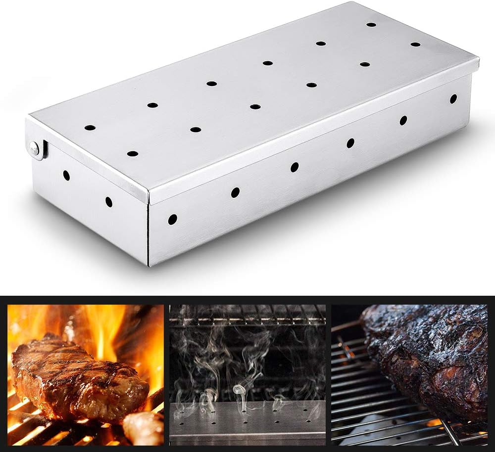 N/O Stainless Steel Wood Chip Box, Fengchen BBQ Grill Smoker Box Hinged Lid for Wood Chips BBQ Smoky Flavor Food on Gas Grill, Charcoal Grills | Warp Free Grilling Accessory : Patio, Lawn & Garden