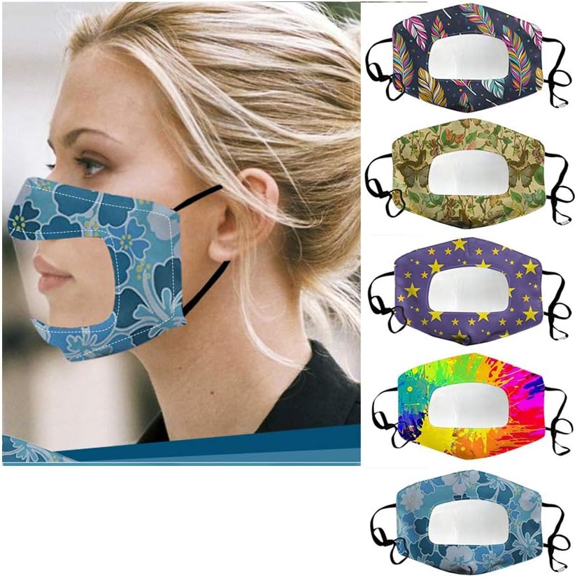 EvaFAST Breathable Facemasks Reusable Washable with Clear Window Visible Expression Lip Reading, for Adults and Deaf and Hard Of Hearing comfortable Lightweight Face Bandanas 5PACK (F)