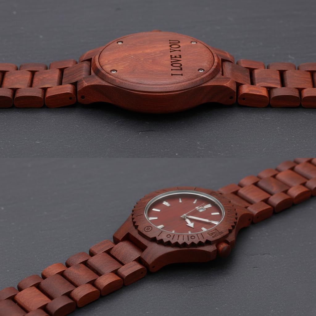 Orologio personalizzato in legno di bambù marrone da uomo, quadrante con foto artistiche in bianco e nero fai da te, cassa posteriore incisa, orologio da polso in legno da 38,5 mm con bracciale a