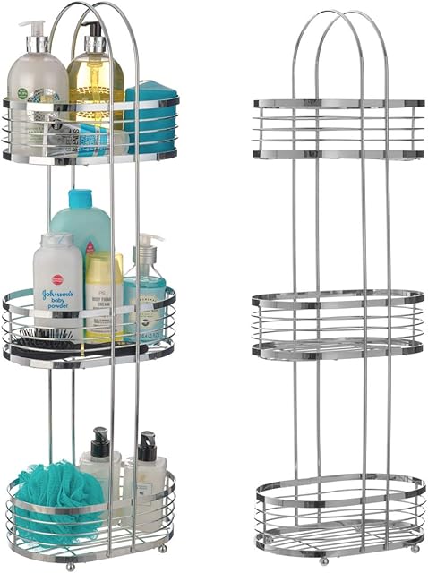 LIVIVO 3 Tier Free / Floor Standing Organiser Chrome Shower Oval Cubicle Toiletry Tidy Bathroom Caddy Storage Shelves Rack