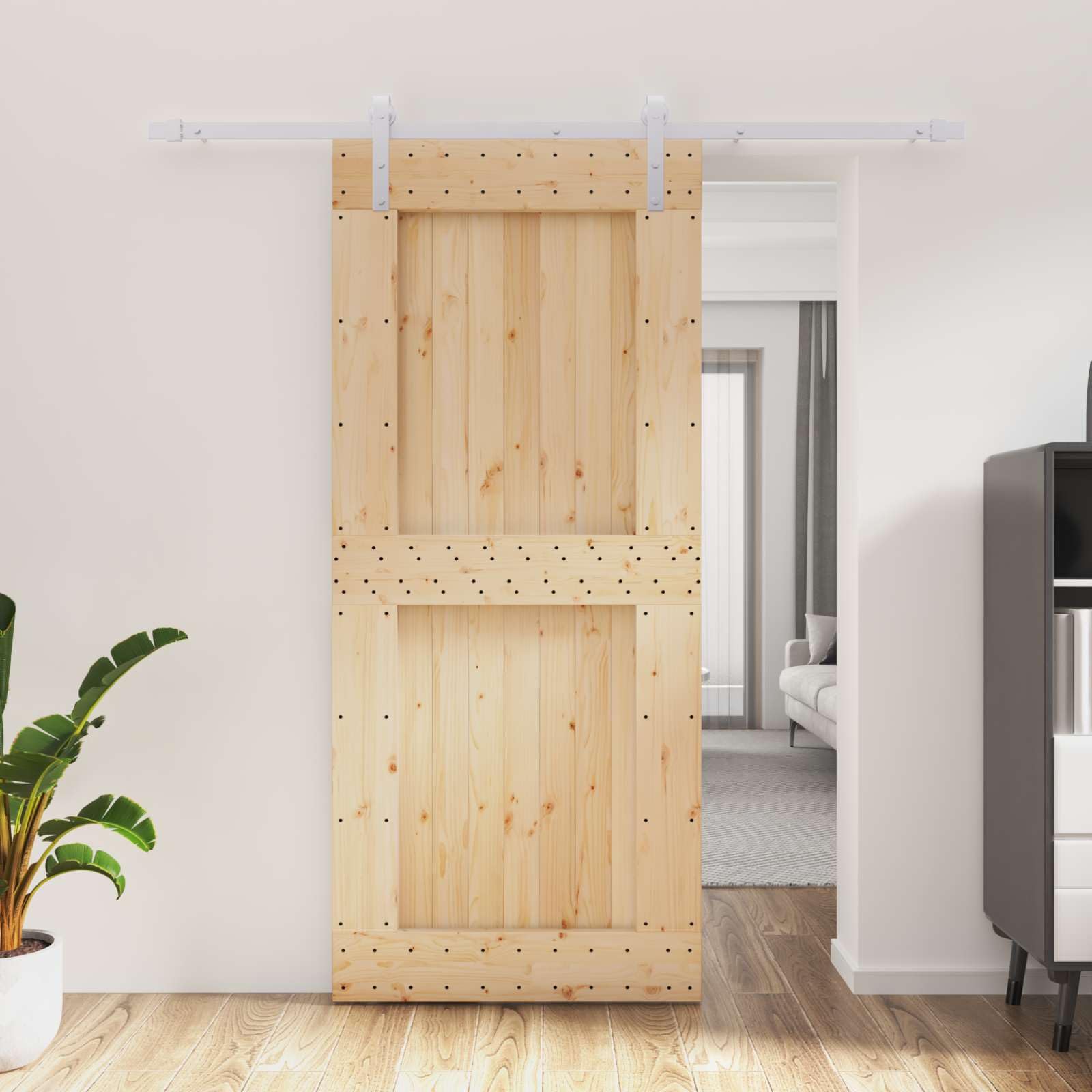 Puerta corredera de pino macizo, 90 x 210 cm, natural y blanco