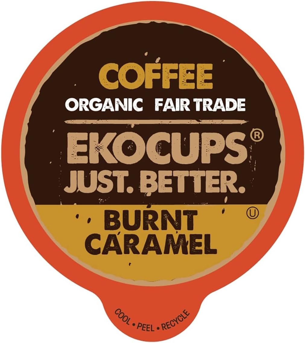 EKOCUPS Organic Burnt Caramel Flavored Coffee Pods, Extra 30% More Coffee Per Cup, Artisan Fair Trade Dark Roast, Carmel Coffee for Keurig K Cup Machines, Recyclable Pods, 40 Count