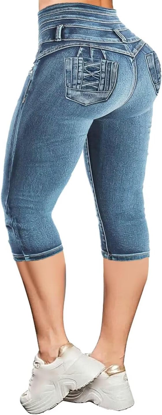 Flamingals Blue Skinny Jeans for Women Stretchy Mid Waist Butt Lifting Trendy Denim Capris