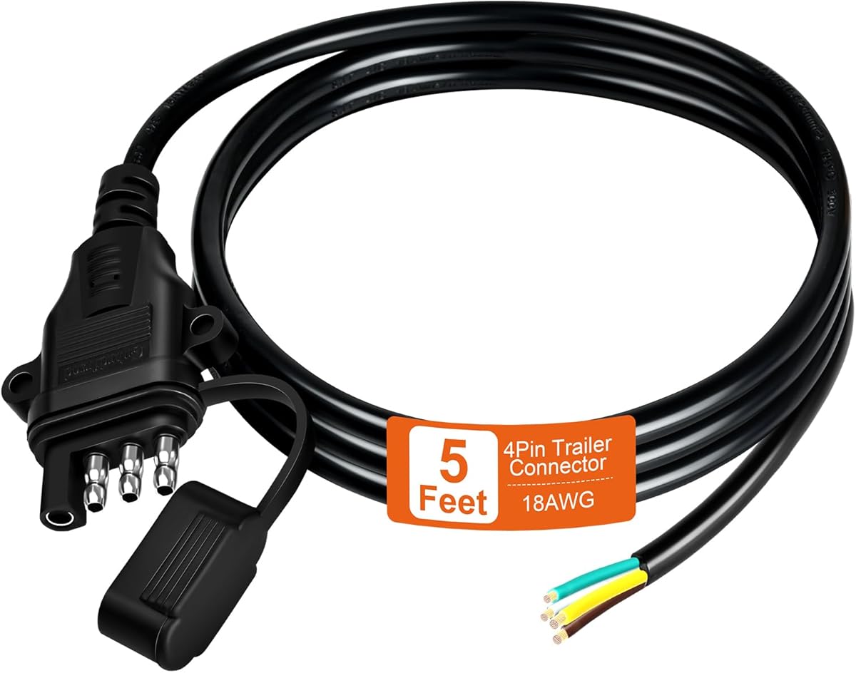 Gubrdfrsod 18AWG 5FT 4 Pin Trailer Connector Pure Copper 4 Pin Trailer Wiring Harness Jacketed Cable Heavy Duty Male Extension Wiring Harness 4 Wire 4-Flat Connector 4 Way Flat Plug with Dust Cover : Automotive