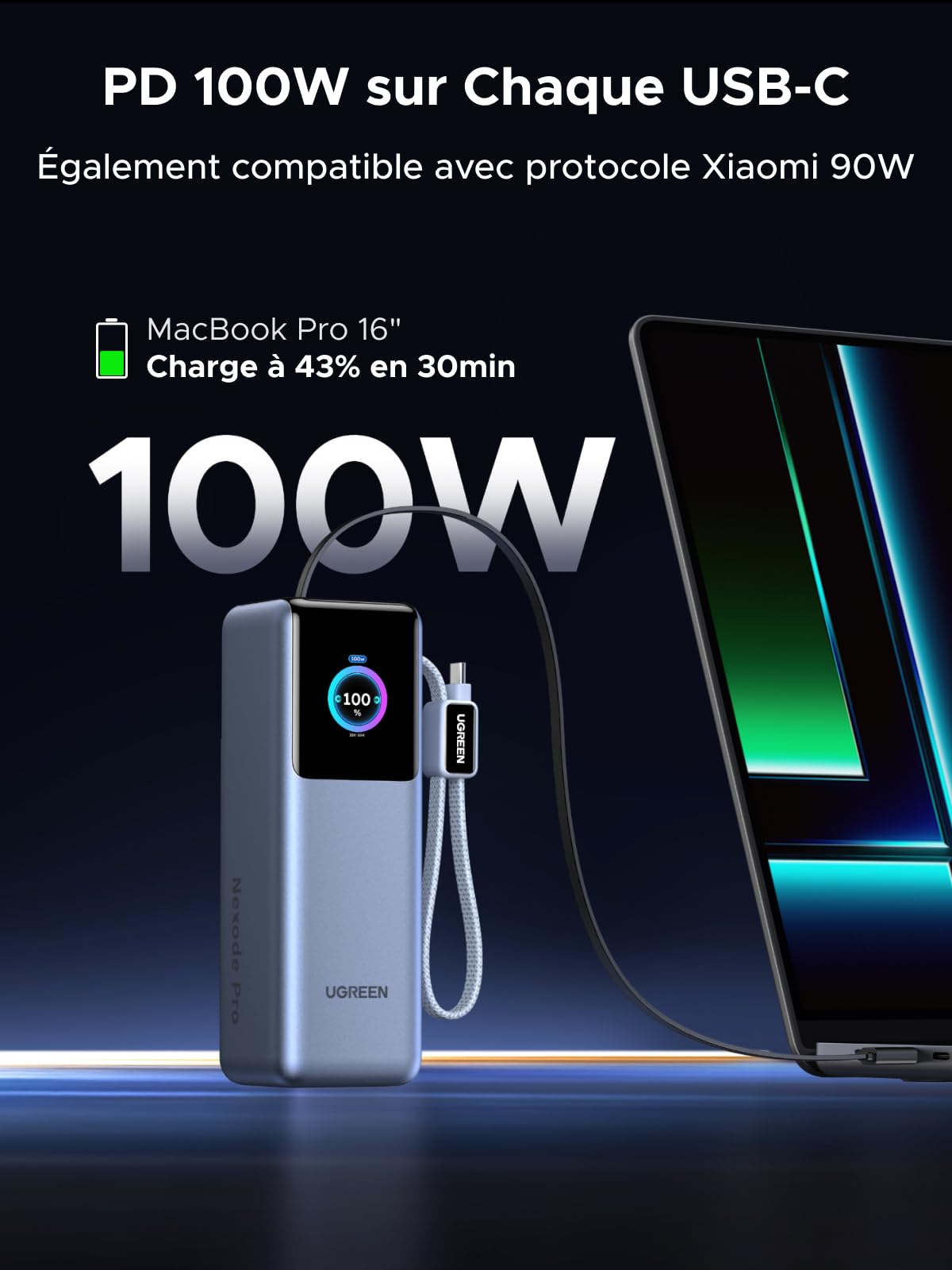 UGREEN Nexode Pro 200W Batterie Externe 25000mAh Power Bank USB C PD 100W | Charge Rapide, 4 EN 1, 2 Câbles Type C, 2 Ports 1C1A, Écran TFT, Chargeur PC, Compatible avec iPhone 17 16 Galaxy S26 S25 S24