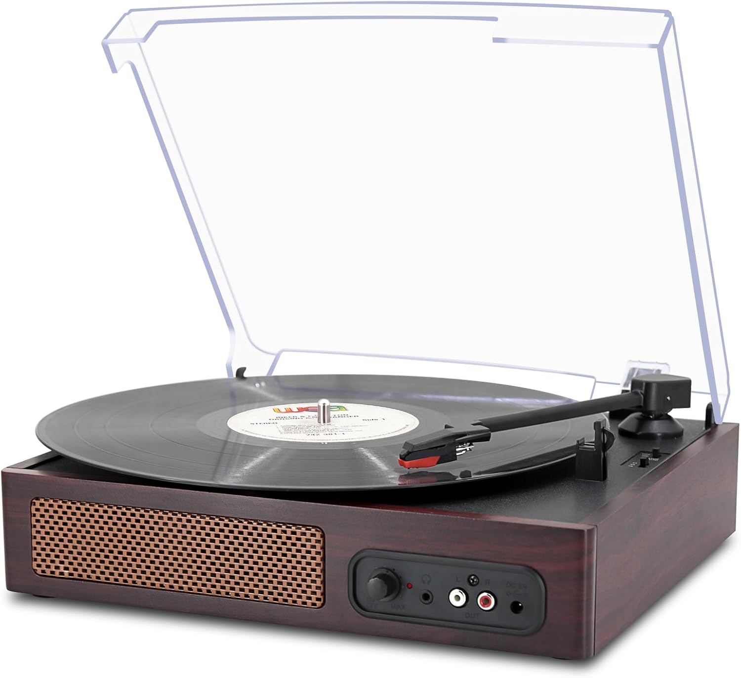 vinyl record player with built-in stereo speakers, portable 3-speed belt-driven turntable, retro lp player with headphone jack, rca output for entertainment and home decoration | dark red