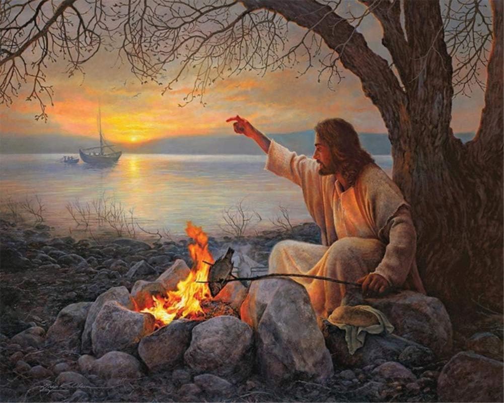 DIY 5D Diamond Painting Kit for Adults Children, NYEBS DIY Diamond Painting Religion Full Square Drill Jesus is Roasting Fish Rhinestone Embroidery Arts Craft Supply for Wall Decoration 12X16 inches