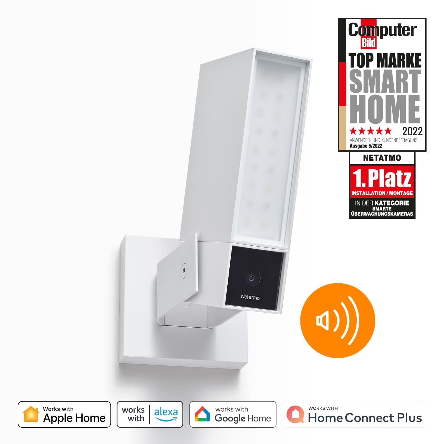 Netatmo Smarte Überwachungskamera für den Außenbereich mit 105 dB Sirene, WLAN, integrierter Beleuchtung, Bewegungserkennung, Nachtsicht, ohne Abonnement, weiß, NOC-S-W-DE