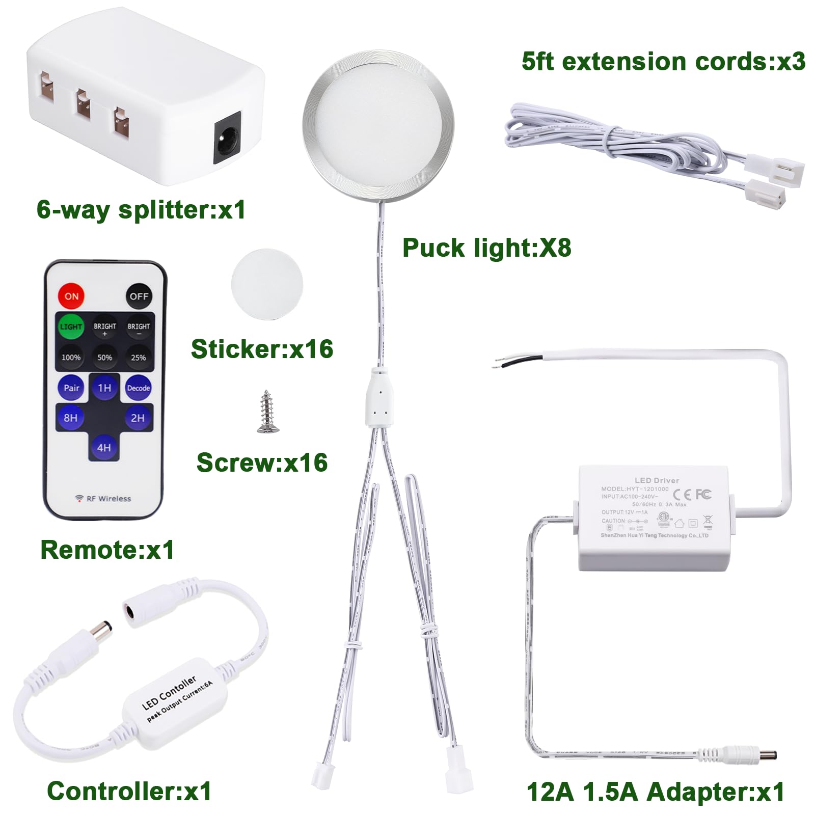 AIBOO Iluminación LED enlazable para debajo del gabinete, luces regulables de disco de 12 V, cableadas con control remoto RF inalámbrico para iluminación de estado de ánimo de cocina (8 luces, blanco