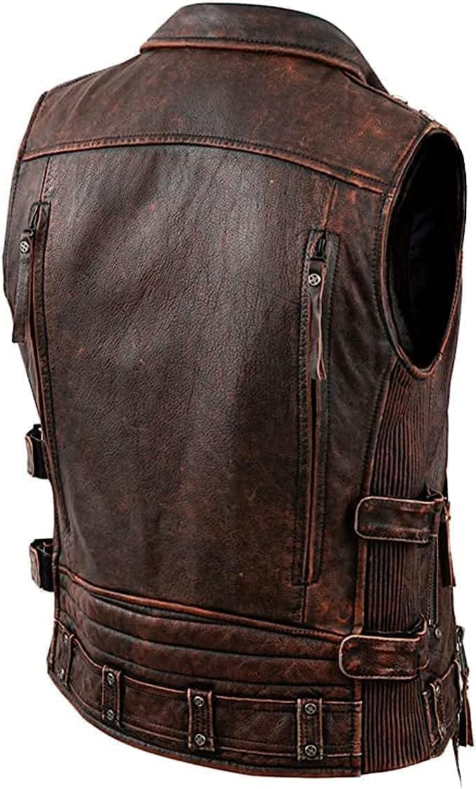 Hide & Seek Men’s Vintage Classic 1950's Brando Cowhide Leather Classic Sleeveless Biker Motorcycle Leather Vest