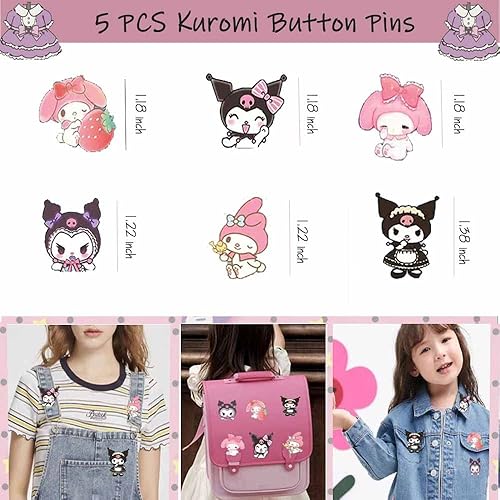 Miniatura 5 de EMISOO Kuromi and My Melody - Juego de regalo de caricaturas que incluye bolsa con cordón llavero bolsa de bolso calcomanías broches acrílicos