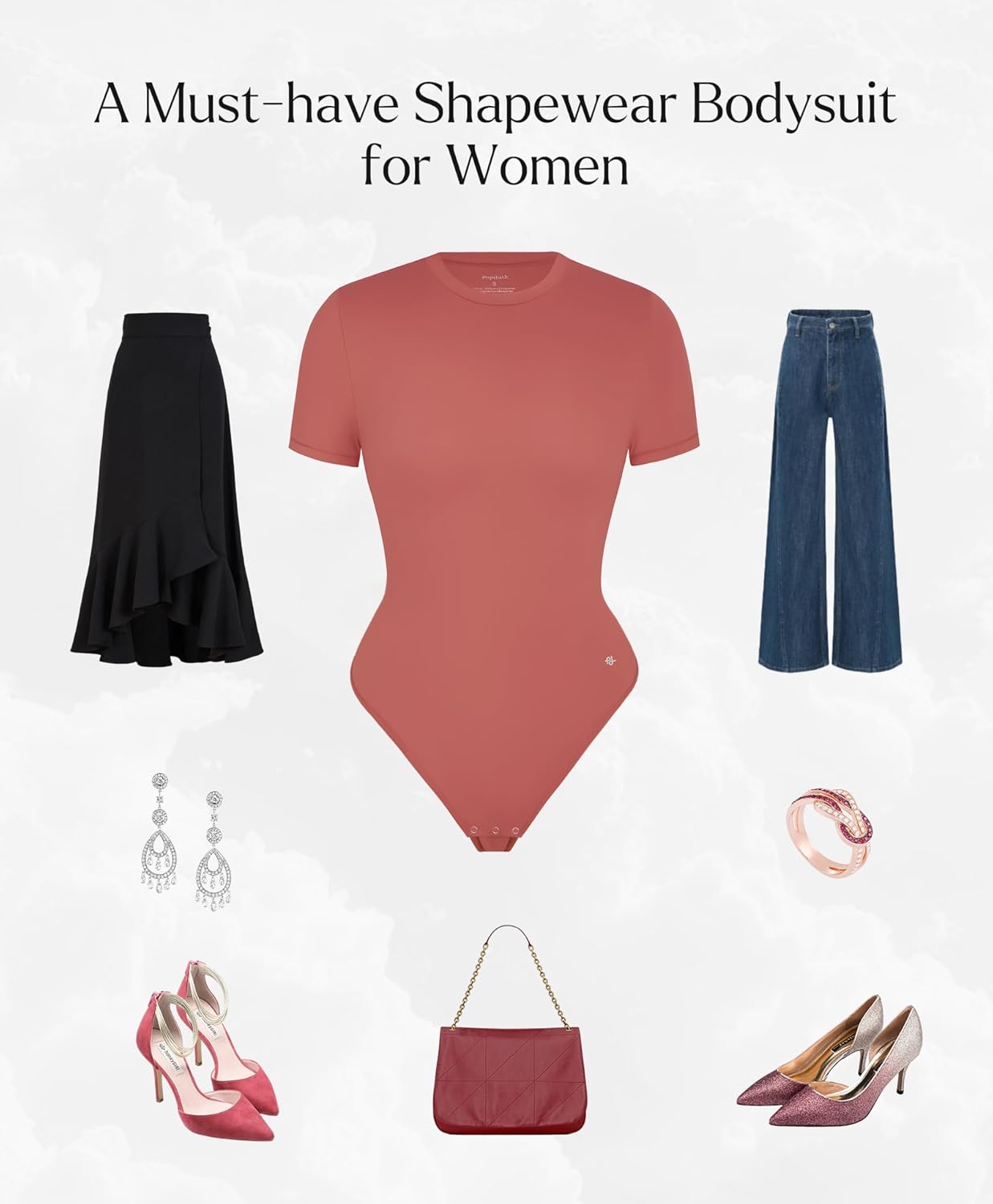 Popilush Bodysuits for Women Short Sleeve Round Neck Casual Basic T Shirt Thong Body Suits Top - Image 6