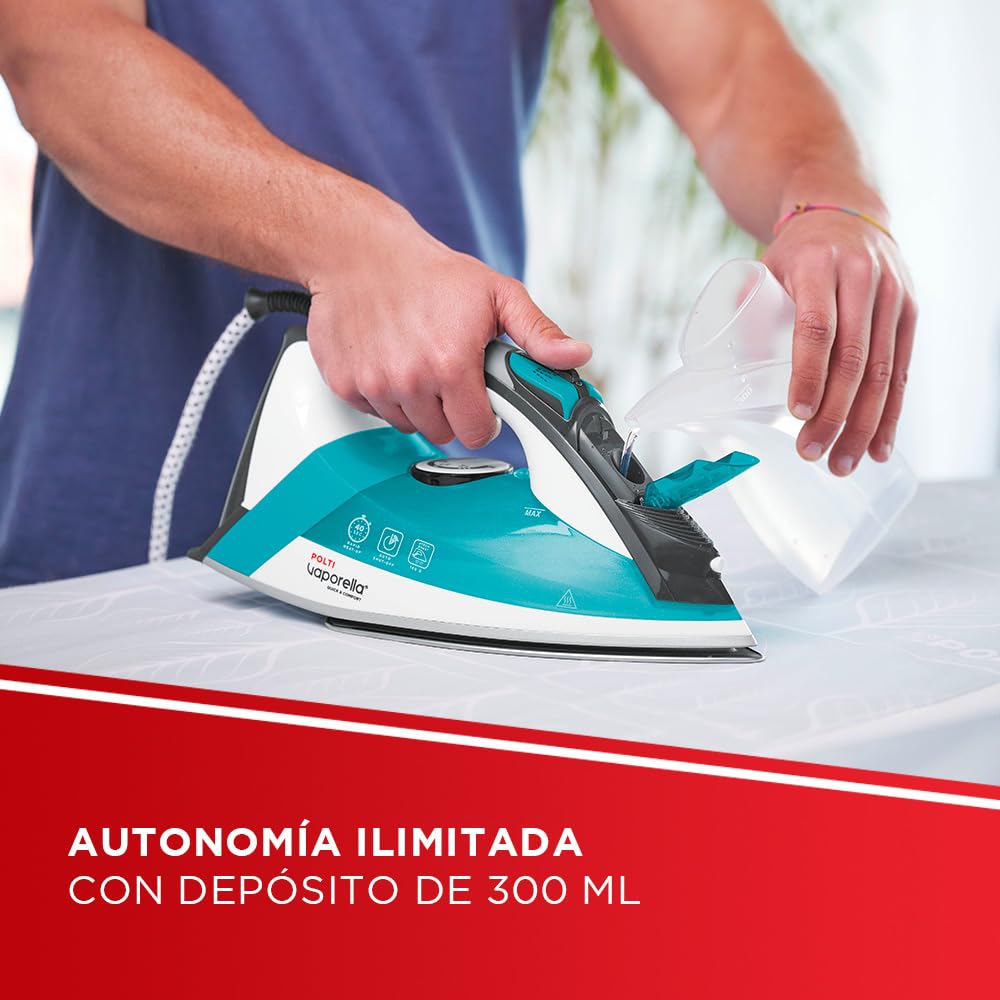 Polti Vaporella Quick&Comfort QC120, Plancha de Vapor con Suela de Acero Inoxidable, Empuñadura Soft Touch, Potencia 2200 W, Depósito 300 ml, Golpe de Vapor 180 g, Azul Claro y Negro