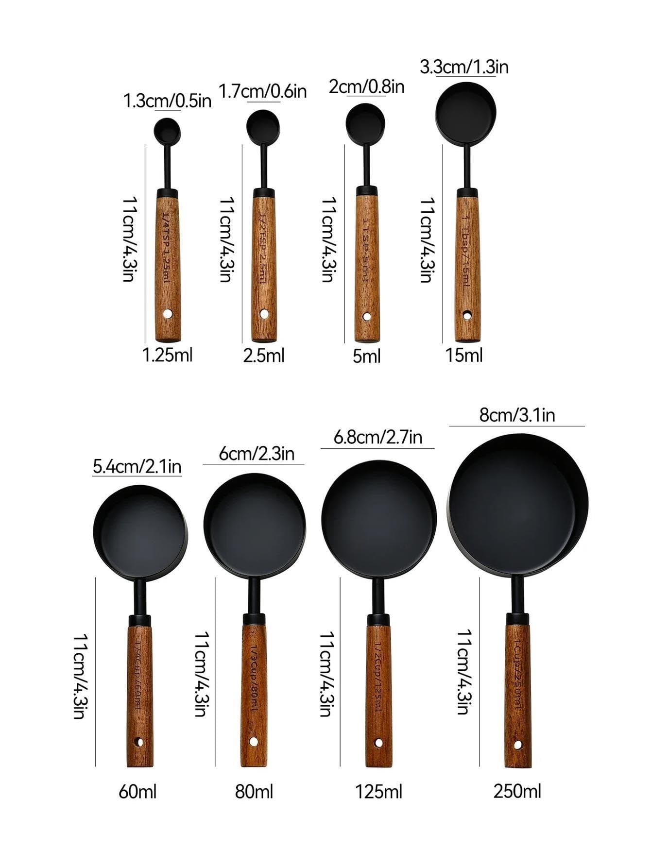 Set de tasses et cuilleres doseuses en acier inoxydable manche bois