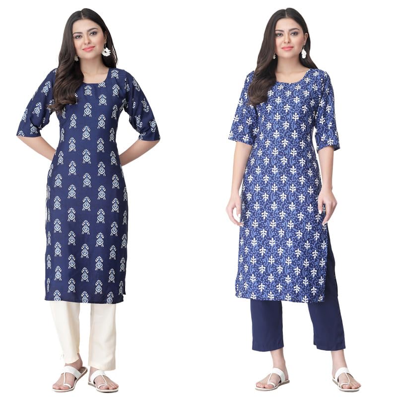 Pinkmint Straight Printed Kurti Party Wera Kurti Kurta Pant Set (Pack Of 2)