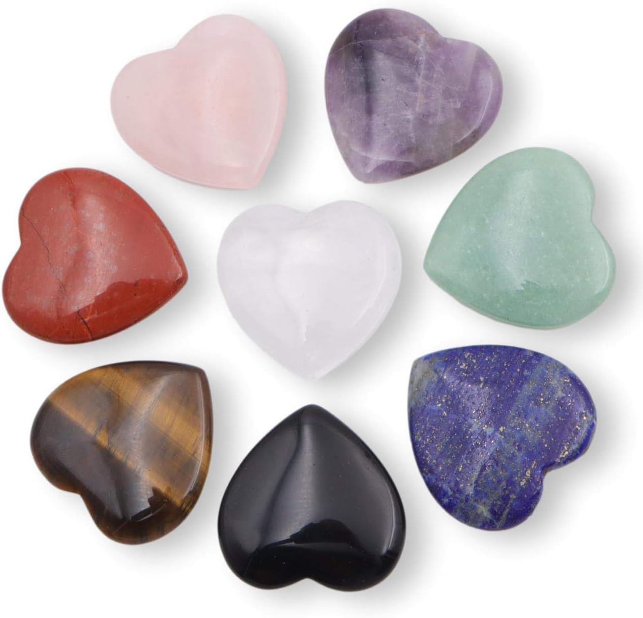 NatureWonders 8 Crystal Hearts 1.4" (Booklet, Pouch, Gift Box) Chakra Stone, Healing Crystal, Palm Thumb Stone, Powerful & Popular, All Natural, Finished with Beeswax, Meditation, Energy Healing Reiki