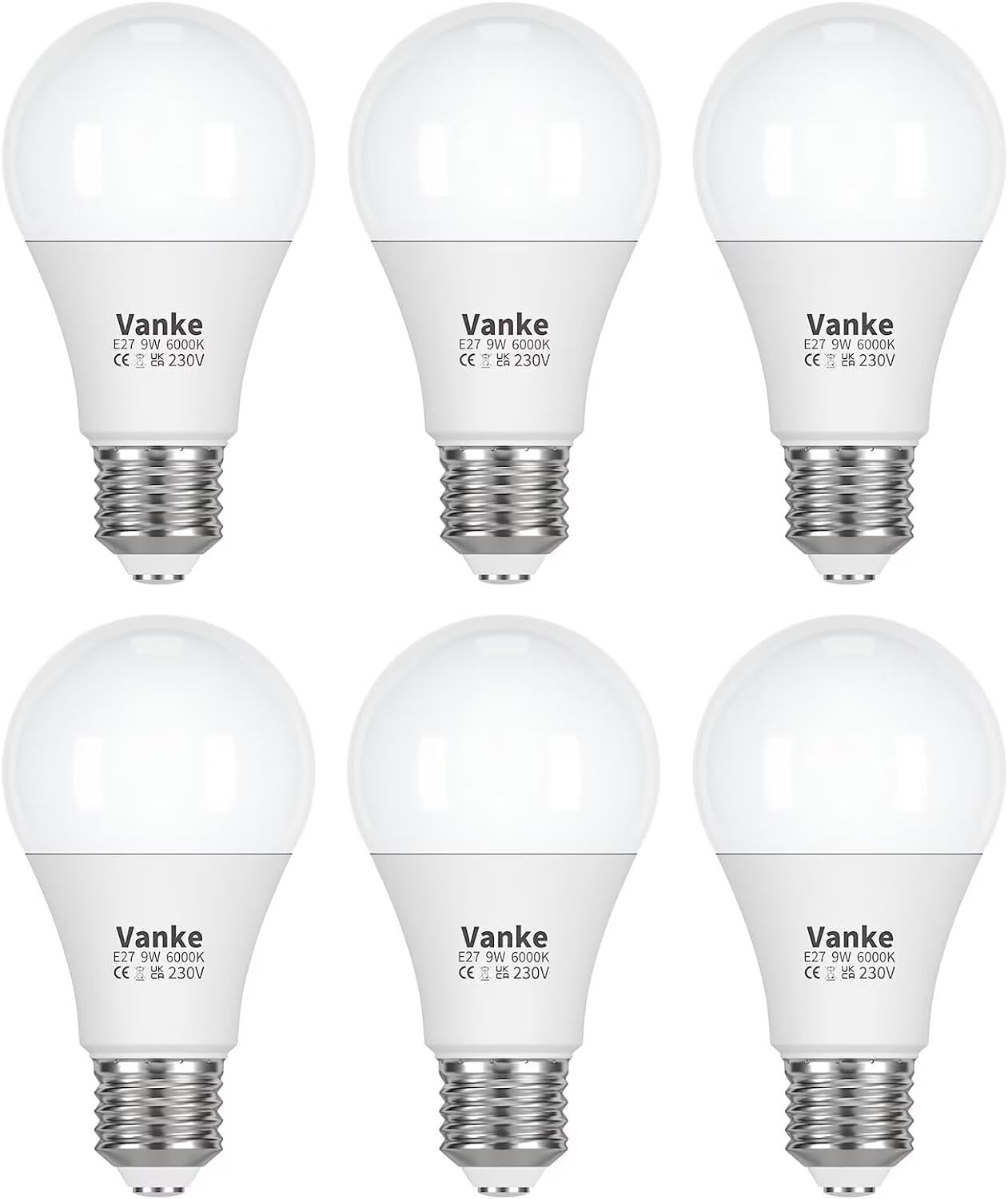 Vanke E27 Screw LED Bulb, 60 Watts Equivalent, Cool White 6000K, 9W ES LED Bulbs, Large Screw in Light Bulb, Non-Dimmable, 806 Lumen, Pack of 6