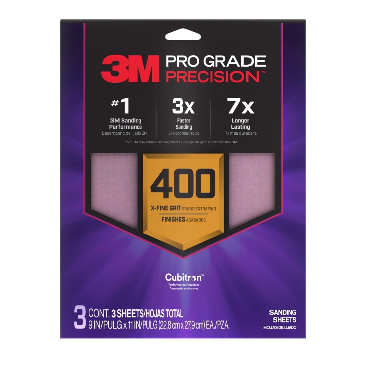 3M Pro Grade Precision Sanding Sheets with No-Slip Grip, 9 x 11 in, 400 Grit, 3-Pack (SHR400-PGP-3T)