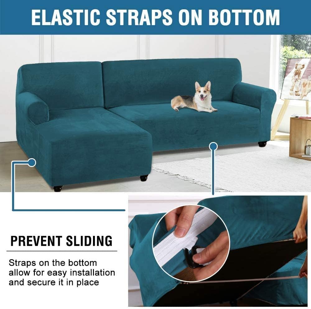 Luxury L-Shaped Sofa Covers 2 Pieces Sectional Sofa Slipcovers Velvet Stretch Corner Sofa Cover with Straps Bottom for Living Room (Color : Deep Teal, Size : 2 Seater+2 Seater)