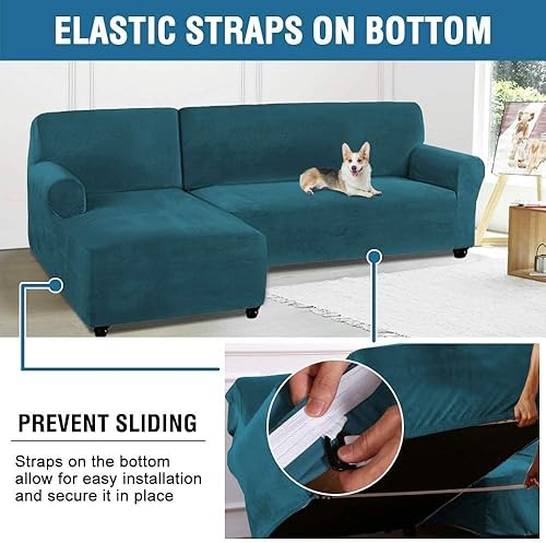 Miniatura 5 de Fundas de sofá de lujo en forma de L, 2 piezas, fundas de sofá modular, funda elástica de terciopelo para sofá esquinero con correas en la parte