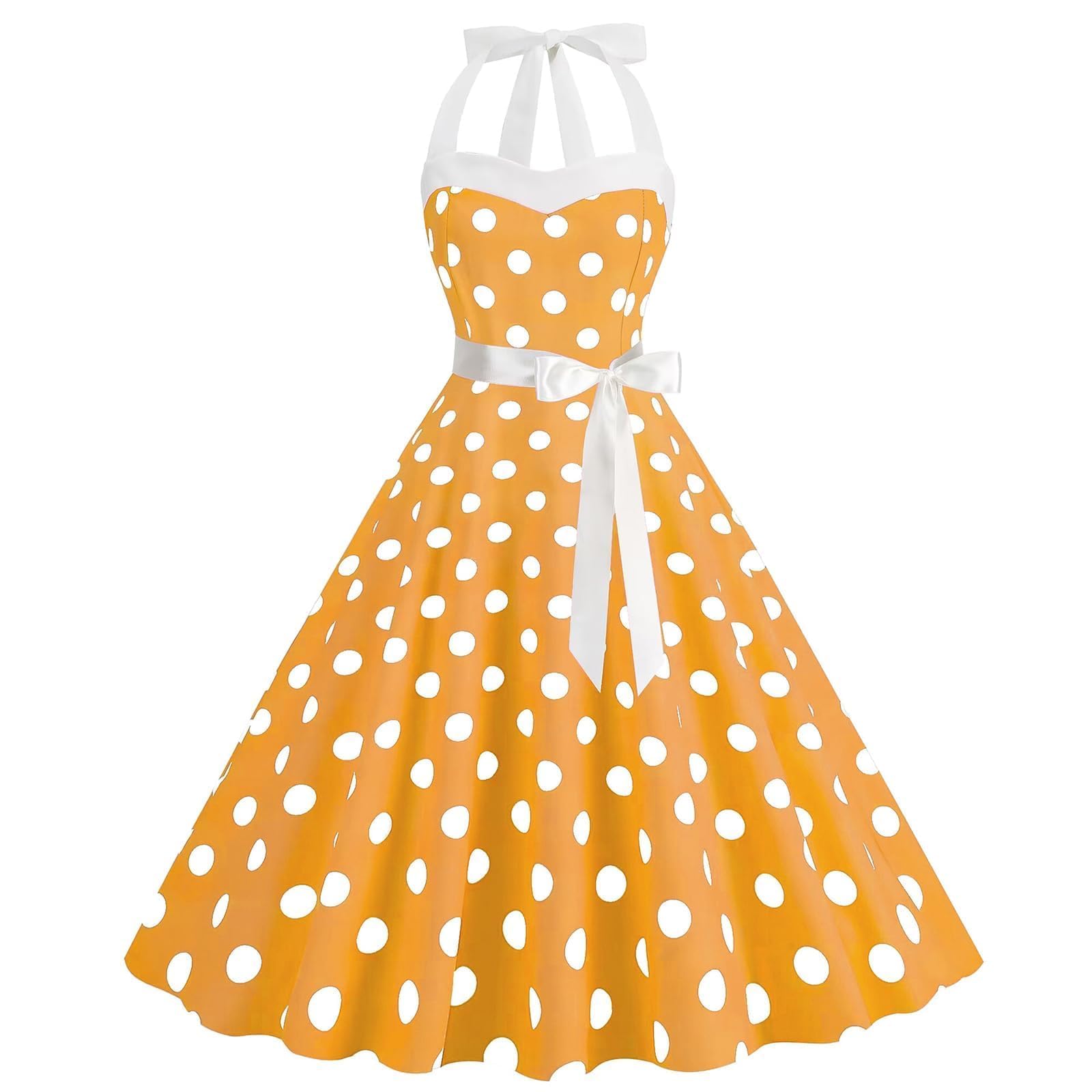 HAPNBCELE Vintage Dress 1950s for Women, Tea Party Halter Polka Dot Dresses Picnics Summer Vacation Beach Outfits Slim Fit (Small, Yellow)