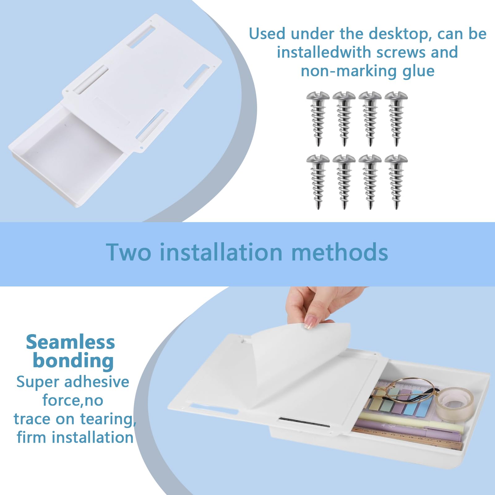 Organisateur Sous Bureau 2 Tiroirs Cachés Adhésifs Double Fixation Plastique ABS