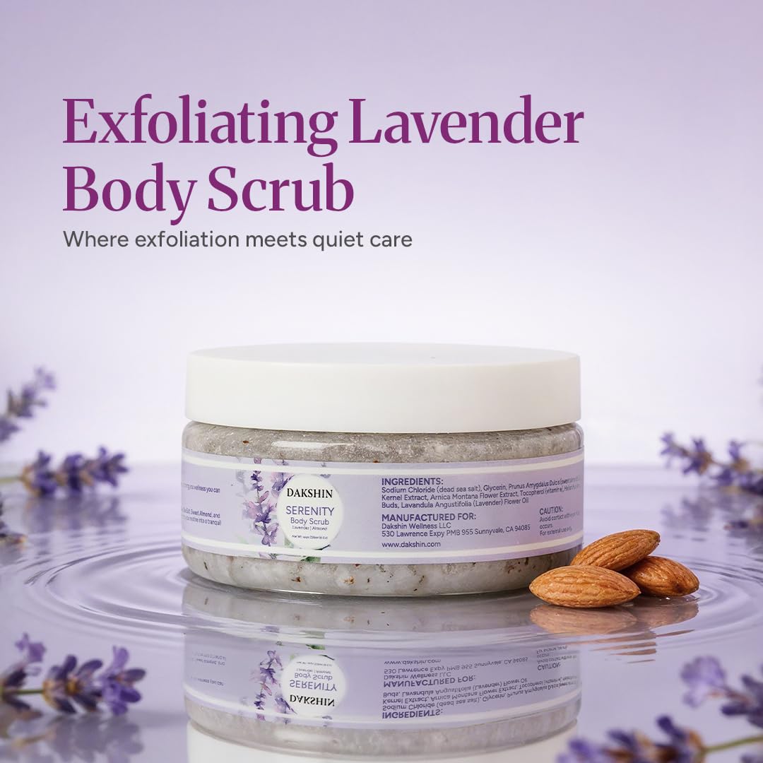 DAKSHIN Serenity Body Scrub | Lavender Calming Exfoliating Scrub | Gently Polishes, Softens & Smooths Skin | Natural Botanical Formula | 236ml