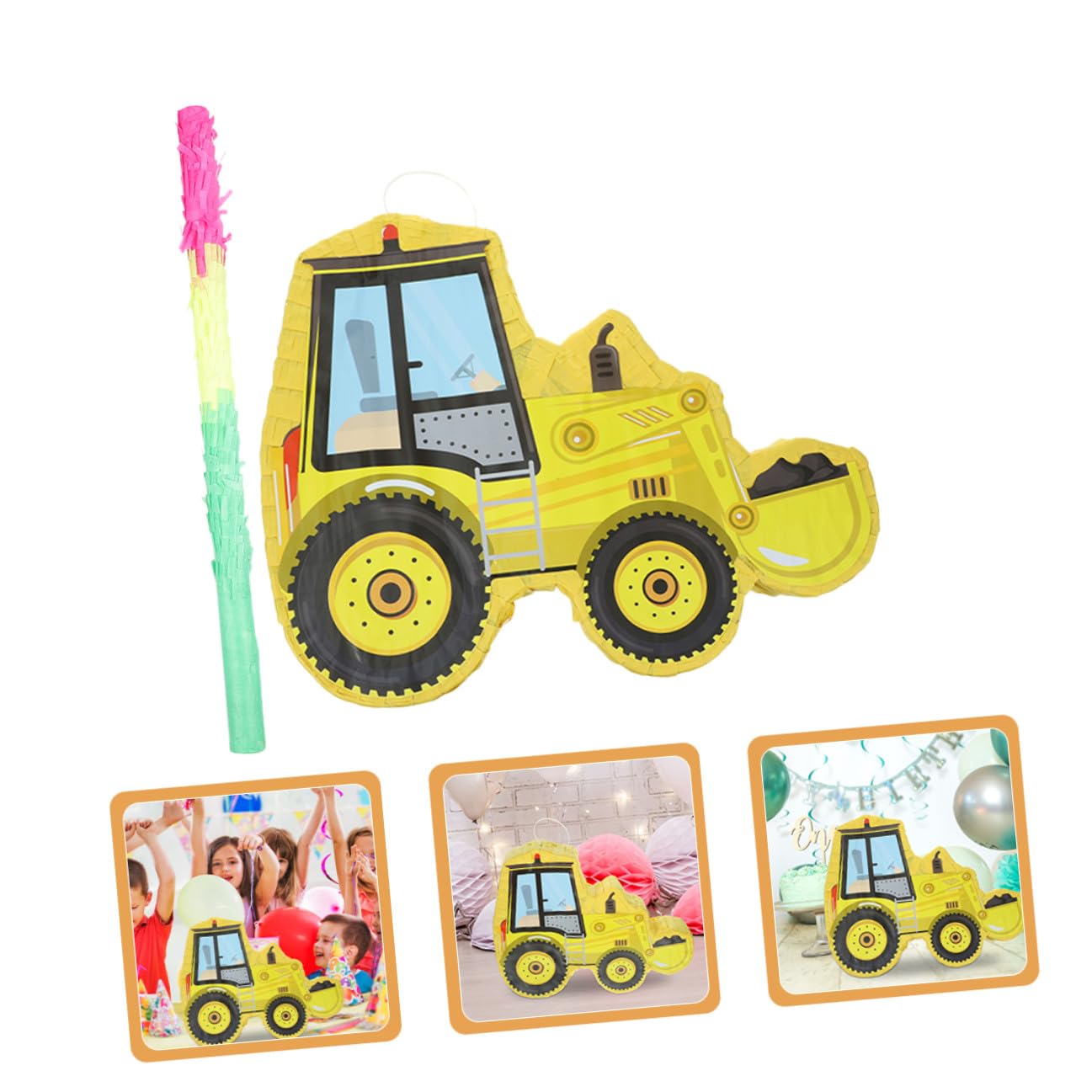 Piñata de Excavadora Amarilla de Papel Brillante para Fiesta Infantil, 2 Piezas Bate para Cumpleaños y Juegos Temáticos de Construcción