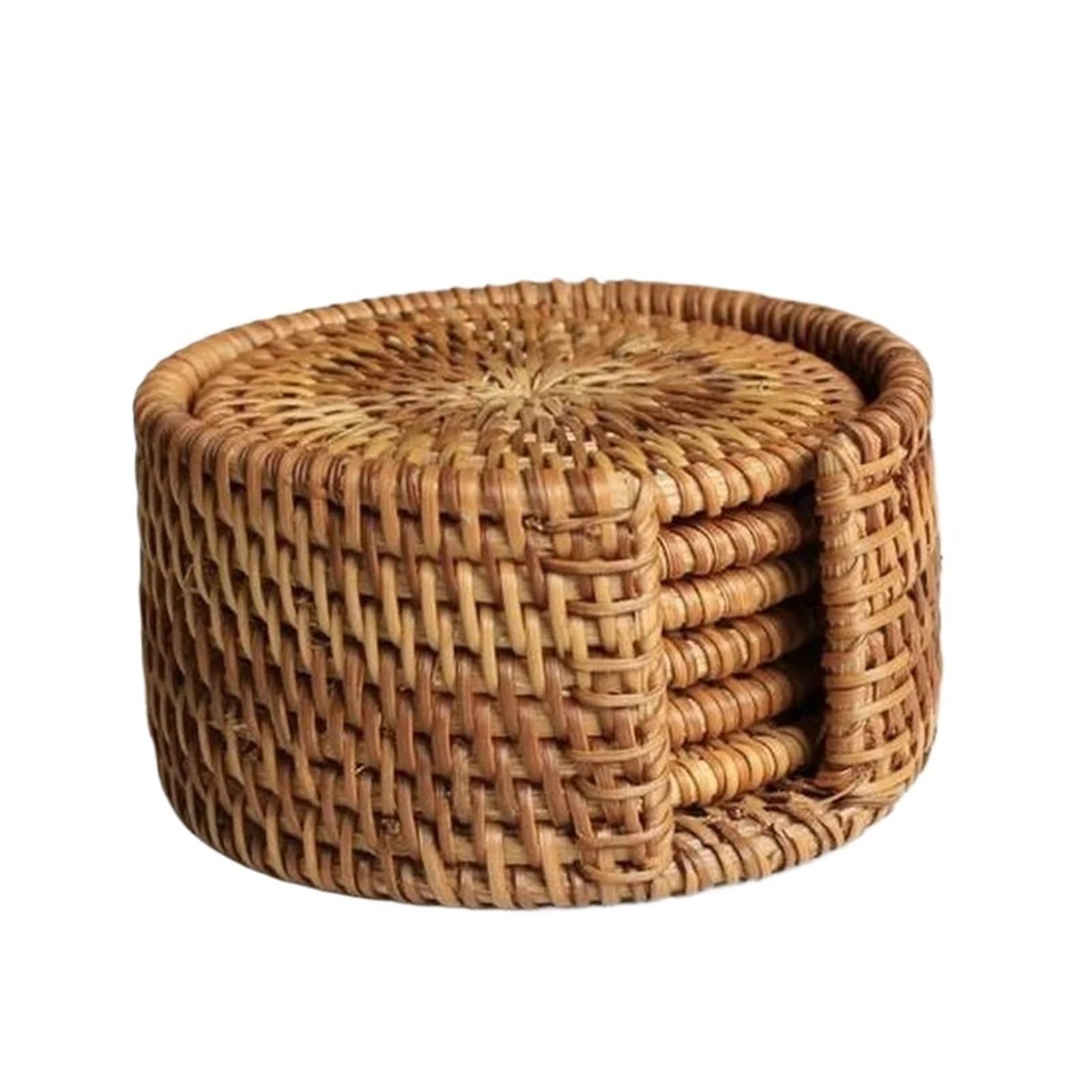 Rattan Placemats 6pcs Rattan Weave Drink Coasters with Holder Storage Caddy - Protective, Space-Saving, and Decorative Cup Mat for Living Room