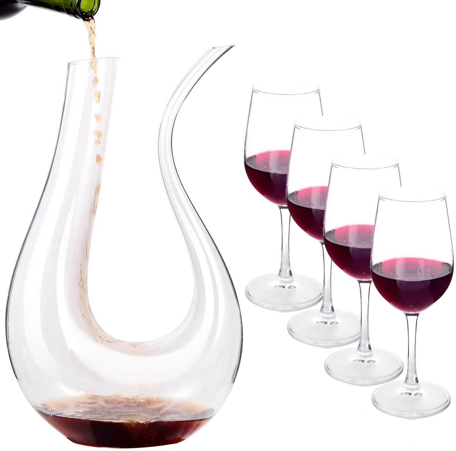 Jorunb Wine Decanter Set - Modern U Shape Wine Decanter with 4 Crystal Goblet Glasses and Washing Brush Hand Blown Cryatal Glass Red Wine Aerator, Purifier & Carafe for Home Bar
