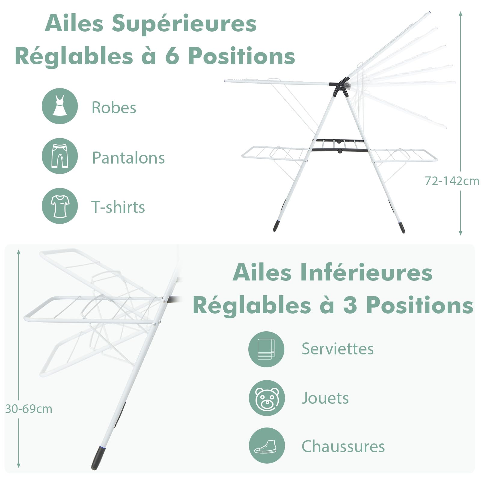 GIANTEX Étendoir à Linge Pliable à 2 Niveaux, Séchoir à Linge Pliable avec Ailes Réglables, Clips Utiles, Cadre Stable en Acier Inoxydable en Forme de ‘A’, Séchoir sur Pied pour Intérieur et Extérieur