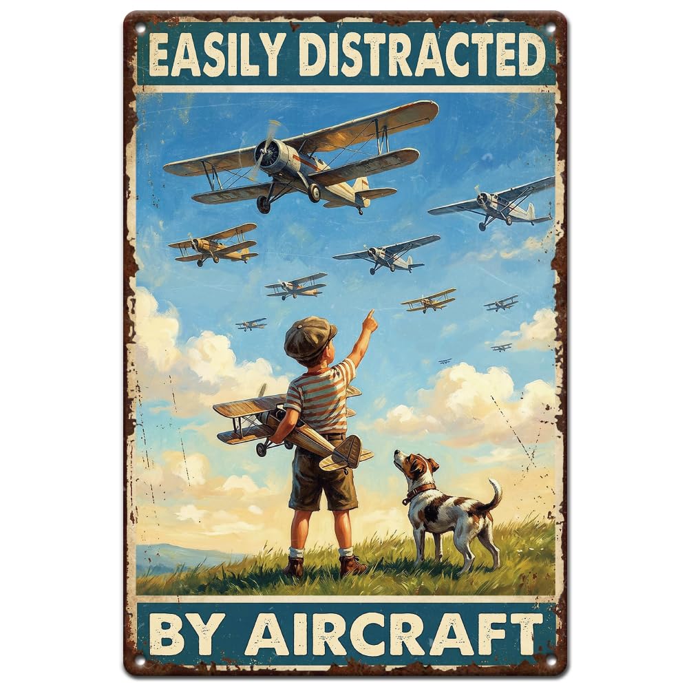 SUPERDANT Easily Distracted By Aircraft Metal Signs Tin Plaque 30x20cm