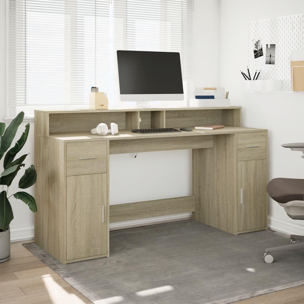 Homgoday Biurko z diodami LED Sonoma 160 x 55 x 91 cm, wielowarstwowe, meble biurkowe, biurko, biurko komputerowe, biurko zajmujące mało miejsca, stół biurkowy, biurko do gier do pokoju dziecięcego