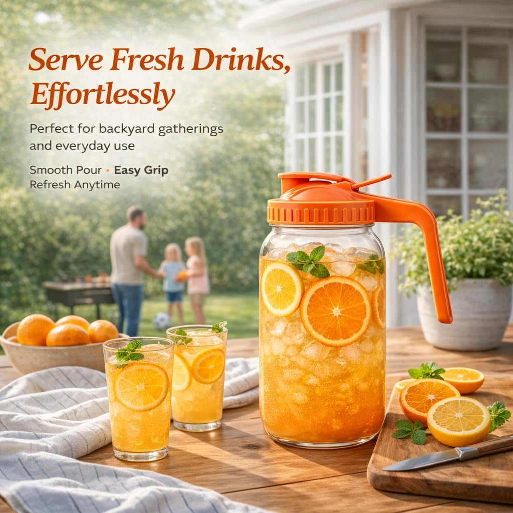 3-Pack 64oz Glass Mason Jar Pitchers with Leak-Proof Lids and Handles – Wide Mouth Design for Sun Tea, Cold Brew, Lemonade, Juice, Iced Tea, and Water (Green&Pink&range)