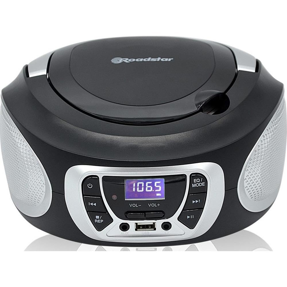 Roadstar CDR-365U/SL Tragbarer Radio-CD-Spieler Digital FM PLL, Boombox-CD-Spieler, CD-R, CD-RW, CD-MP3, USB-Anschluss, Stereo, AUX-IN, Kopfhörerausgang, Schwarz/Silber