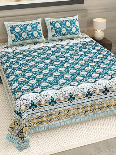 Image of RajasthaniKart Pure Cotton 180 TC King Size BEDSHEET with 2 Pillow Cover - 90X108 (Suitable for King Size Bed Sheet or Double Bed, Teal) PSP 141