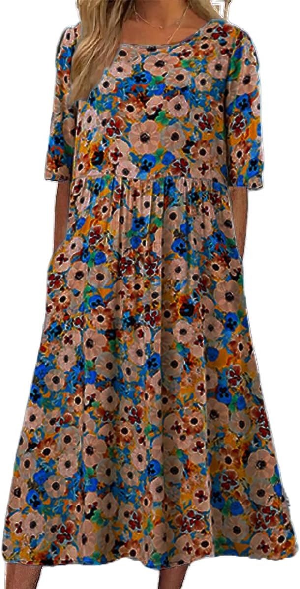 Womens Summer Boho Floral Flowy A Line Midi Dress Casual Loose Short Sleeve Beach Vacation Dresses with Pocket