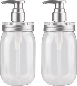 Qeuly 16oz Soap Dispenser, 2 Pack Plastic Pump Bottle Dispenser, Refillable Wide Mouth Jar Style Bathroom/Kitchen Containers for Shampoo, Conditioner, Body Wash, Lotion, Hand Soap & Dish Soap