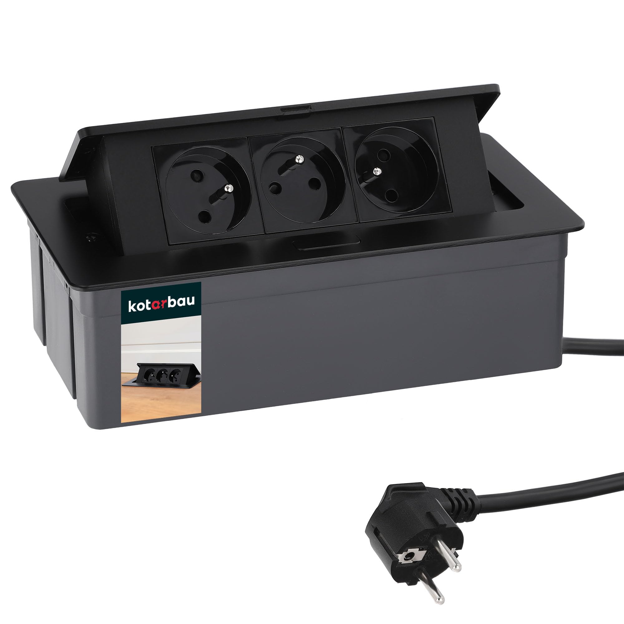 KOTARBAU® Toma de sobremesa empotrable con 3 enchufes, Regleta de Enchufe con Cable de 1,5 m, Toma múltiple para Mesa, Muebles o escritorios, Base múltiple para empotrar, Regleta retráctil, Negro