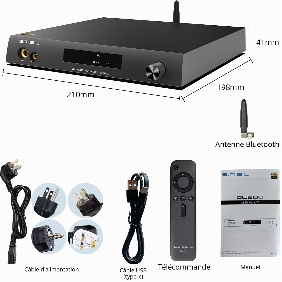 S.M.S.L DL200 Audio Headphone Amplifier ES9039Q2M Chip High-End MQA XMOS PCM768kHz/32bit DSD512 USB/Optical/Coaxial/Bluetooth Input THD+N 0.00006% with Remote Control
